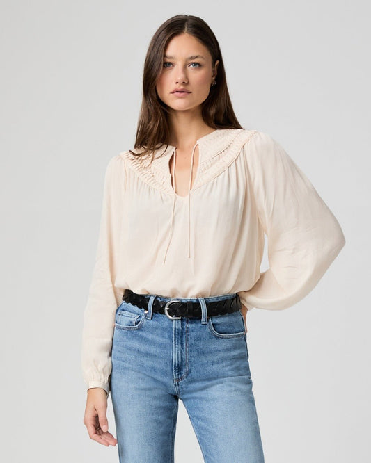 Young Ideas/Henmores - Milani Tie Neck Ruched Blouse - Antique White - XS