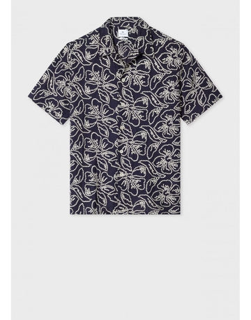 Young Ideas/Henmores - Floral Embroidery Short Sleeve Shirt - 49 Dark Navy - M