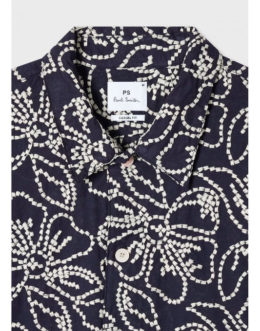 Young Ideas/Henmores - Floral Embroidery Short Sleeve Shirt - 49 Dark Navy - M