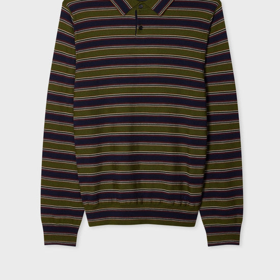Young Ideas & Henmores -Stripe Merino Polo Shirt -35 Military Green -L