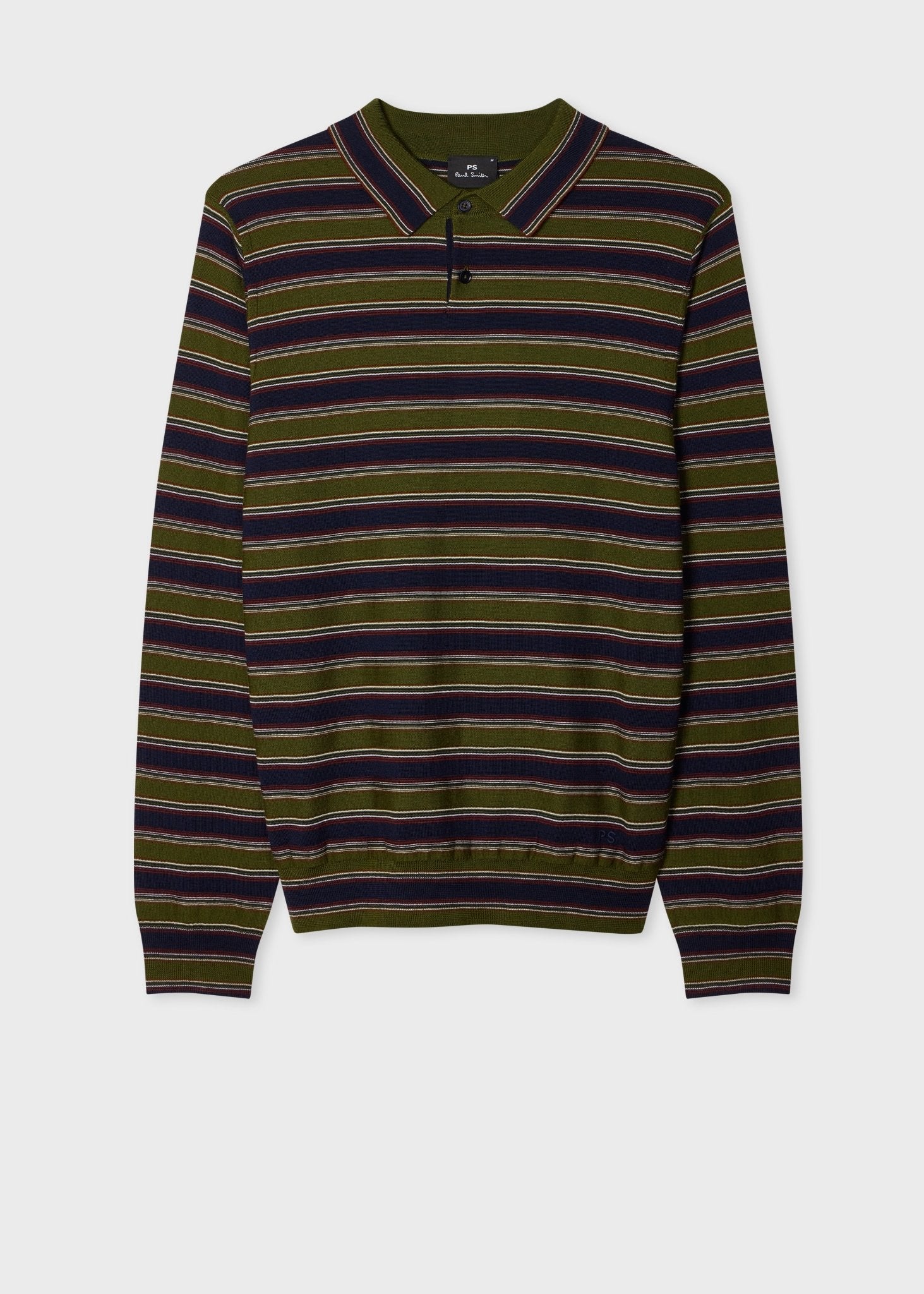 Young Ideas & Henmores -Stripe Merino Polo Shirt -35 Military Green -L