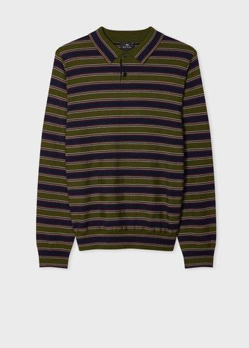 Young Ideas & Henmores -Stripe Merino Polo Shirt -35 Military Green -L