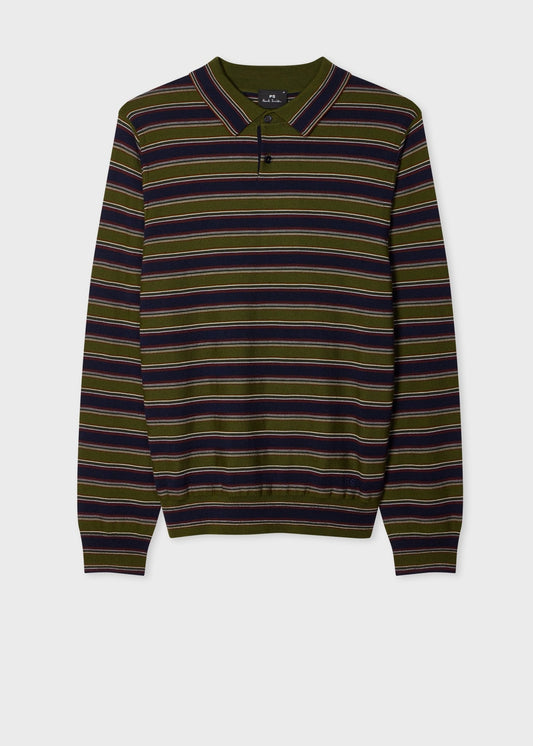 Young Ideas & Henmores -Stripe Merino Polo Shirt -35 Military Green -L