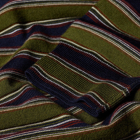 Young Ideas & Henmores -Stripe Merino Polo Shirt -35 Military Green -L