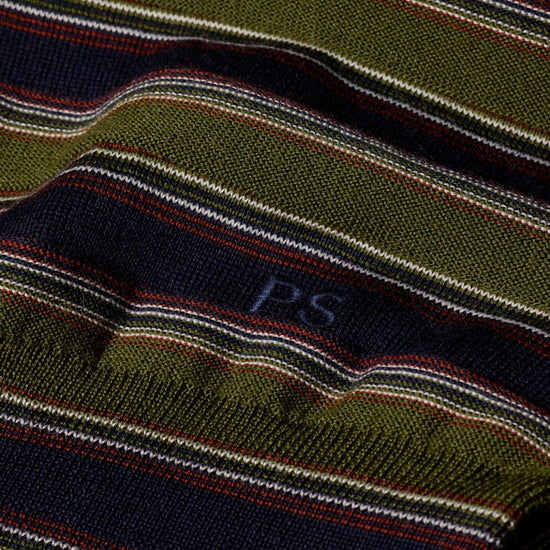 Young Ideas & Henmores -Stripe Merino Polo Shirt -35 Military Green -L