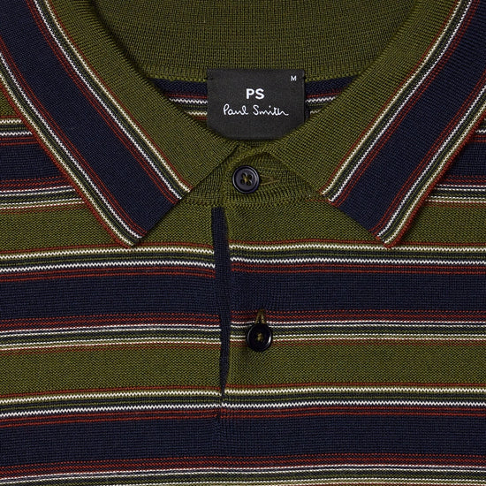Young Ideas & Henmores -Stripe Merino Polo Shirt -35 Military Green -L