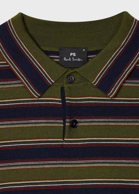 Young Ideas & Henmores -Stripe Merino Polo Shirt -35 Military Green -L