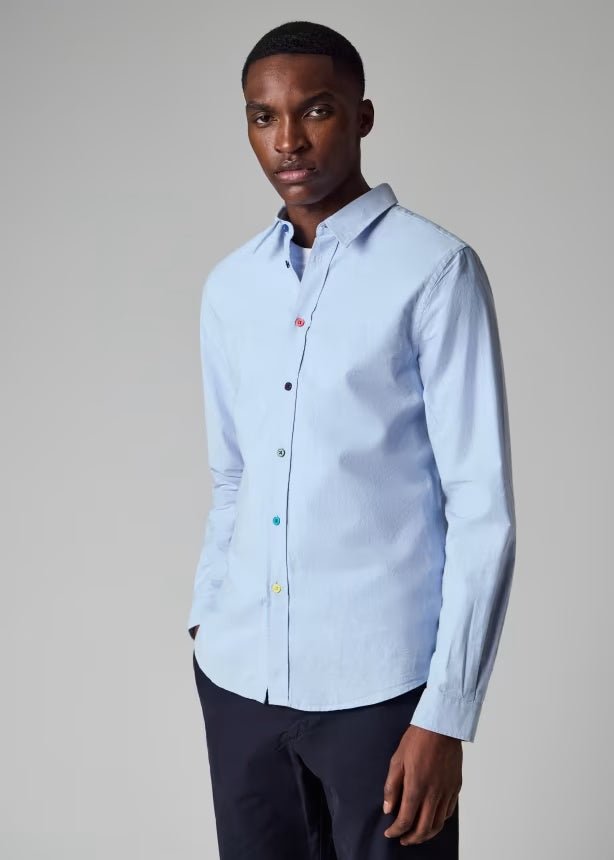 Young Ideas & Henmores -Tailored Fit Coloured Buttons Shirt -40 Sky Blue -XL