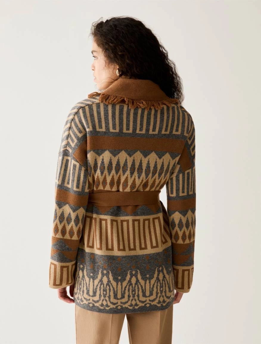 Young Ideas & Henmores -Armonioso Aztec Inspired Long Cardigan -003 Tobacco Brown -XS