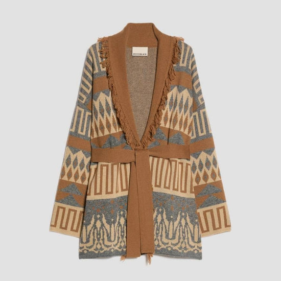 Young Ideas & Henmores -Armonioso Aztec Inspired Long Cardigan -003 Tobacco Brown -XS