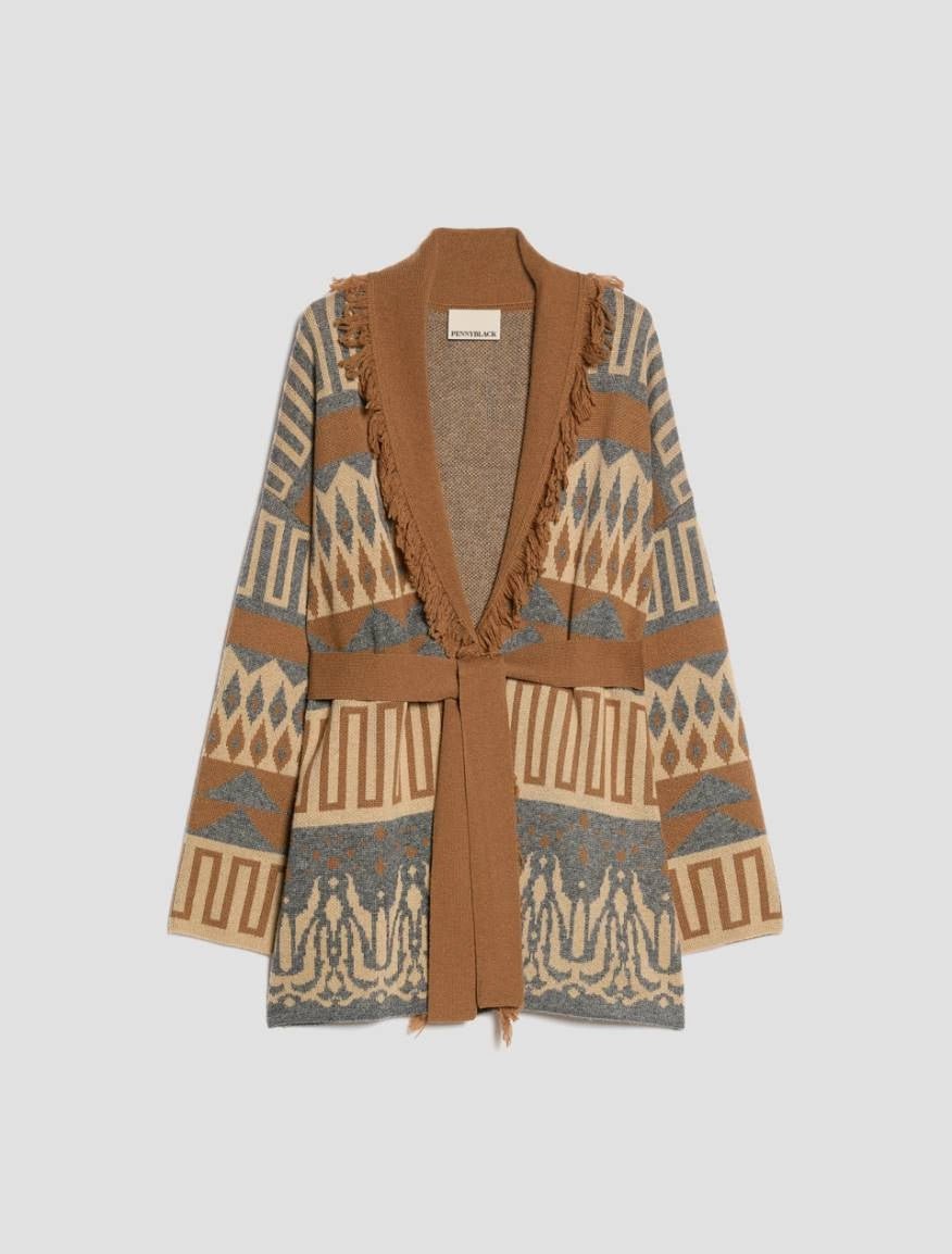 Young Ideas & Henmores -Armonioso Aztec Inspired Long Cardigan -003 Tobacco Brown -XS