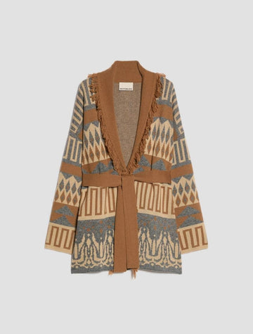 Young Ideas & Henmores -Armonioso Aztec Inspired Long Cardigan -003 Tobacco Brown -XS