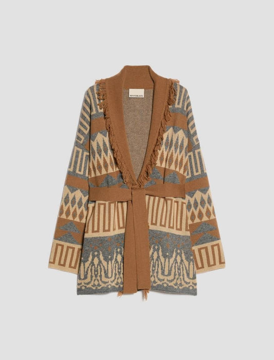 Young Ideas & Henmores -Armonioso Aztec Inspired Long Cardigan -003 Tobacco Brown -XS