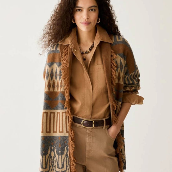 Young Ideas & Henmores -Armonioso Aztec Inspired Long Cardigan -003 Tobacco Brown -XS