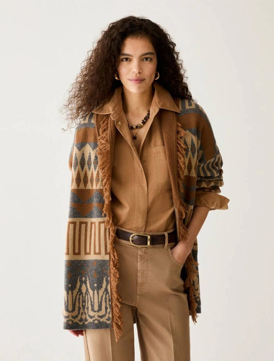 Young Ideas & Henmores -Armonioso Aztec Inspired Long Cardigan -003 Tobacco Brown -XS