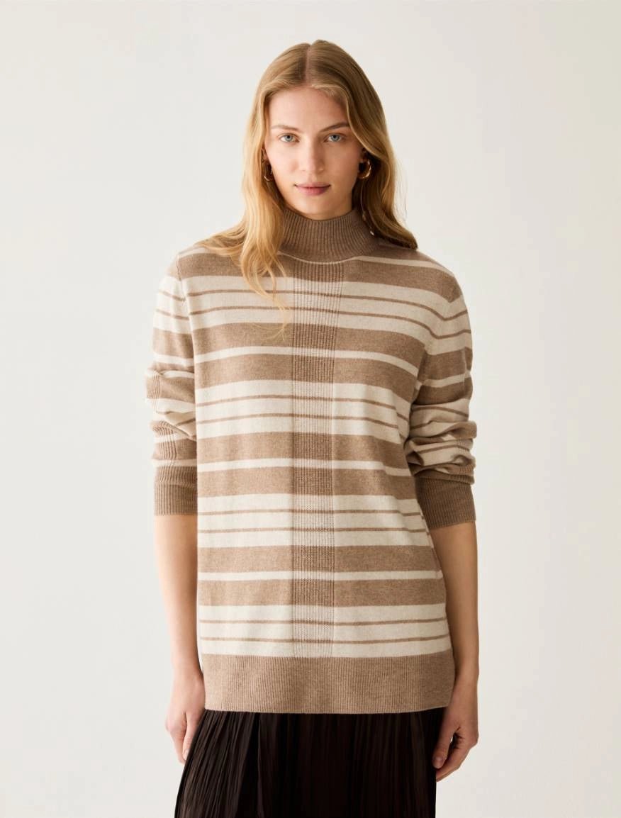 Young Ideas & Henmores -Biacco Multi Stripe Funnel Neck Jumper -013 Hazelnut Brown -XS