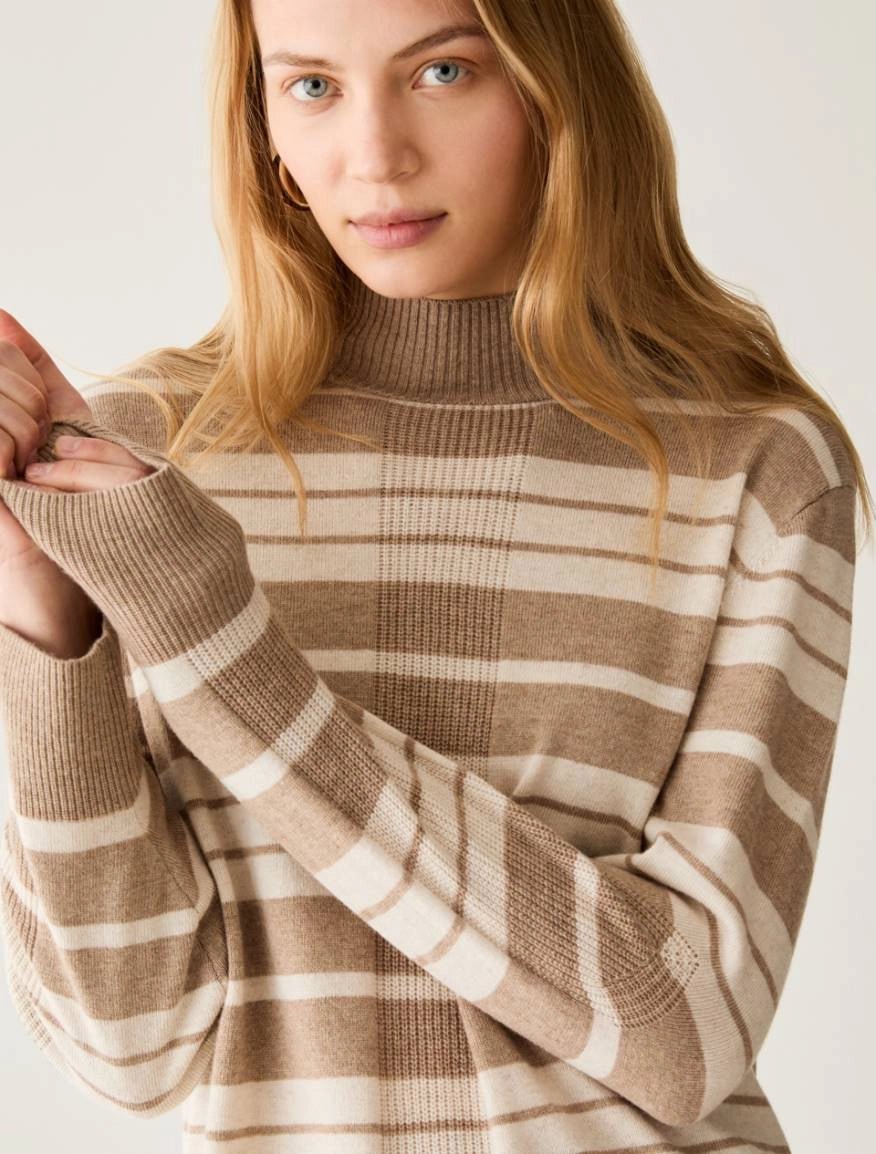 Young Ideas & Henmores -Biacco Multi Stripe Funnel Neck Jumper -013 Hazelnut Brown -XS