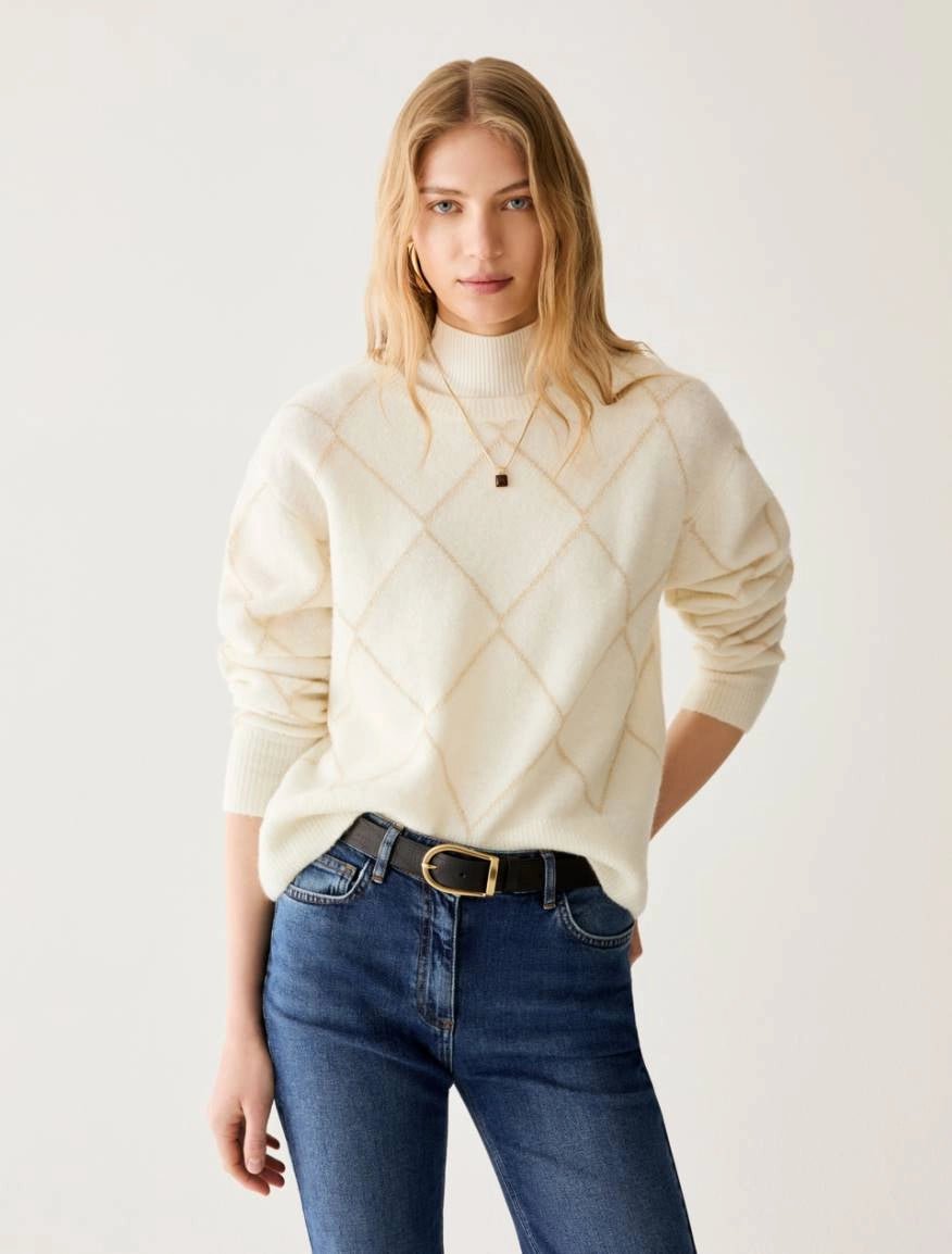 Young Ideas & Henmores -Boero Diamond Fleck Jumper -003 White -XS