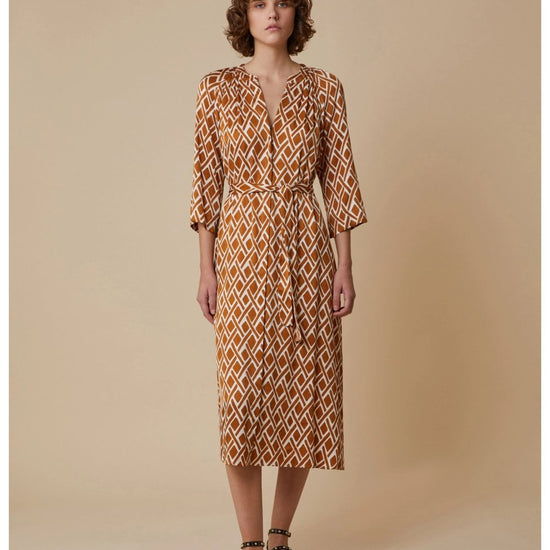 Young Ideas/Henmores - Candito Geometric Tie Waist Dress - 004 Tobacco Brown - 10