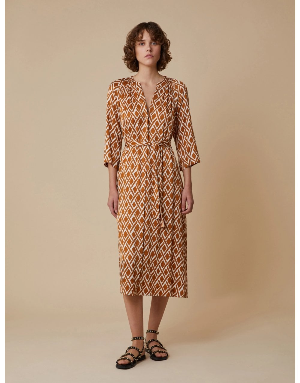 Young Ideas/Henmores - Candito Geometric Tie Waist Dress - 004 Tobacco Brown - 10