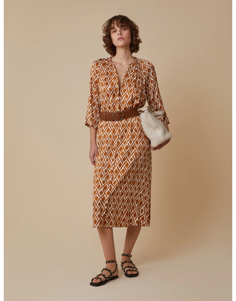 Young Ideas/Henmores - Candito Geometric Tie Waist Dress - 004 Tobacco Brown - 10