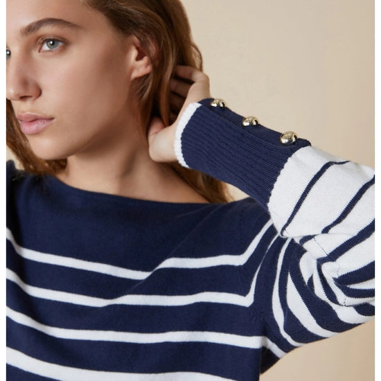 Young Ideas/Henmores - Fanello Striped Cuff Detail Crew Neck Jumper - 003 Navy Pinstripes - S
