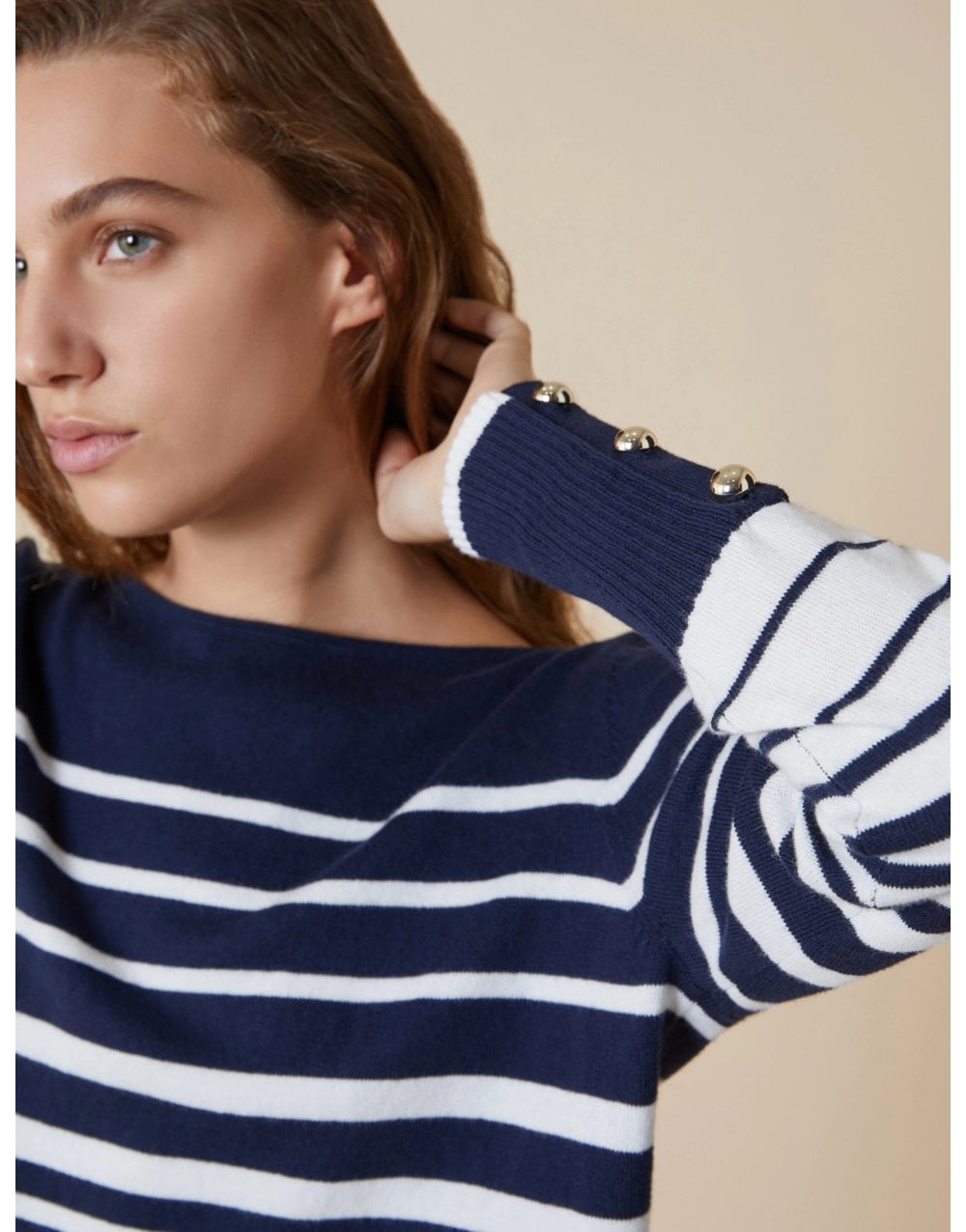 Young Ideas/Henmores - Fanello Striped Cuff Detail Crew Neck Jumper - 003 Navy Pinstripes - S