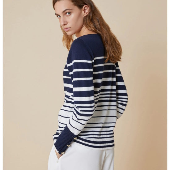 Young Ideas/Henmores - Fanello Striped Cuff Detail Crew Neck Jumper - 003 Navy Pinstripes - S