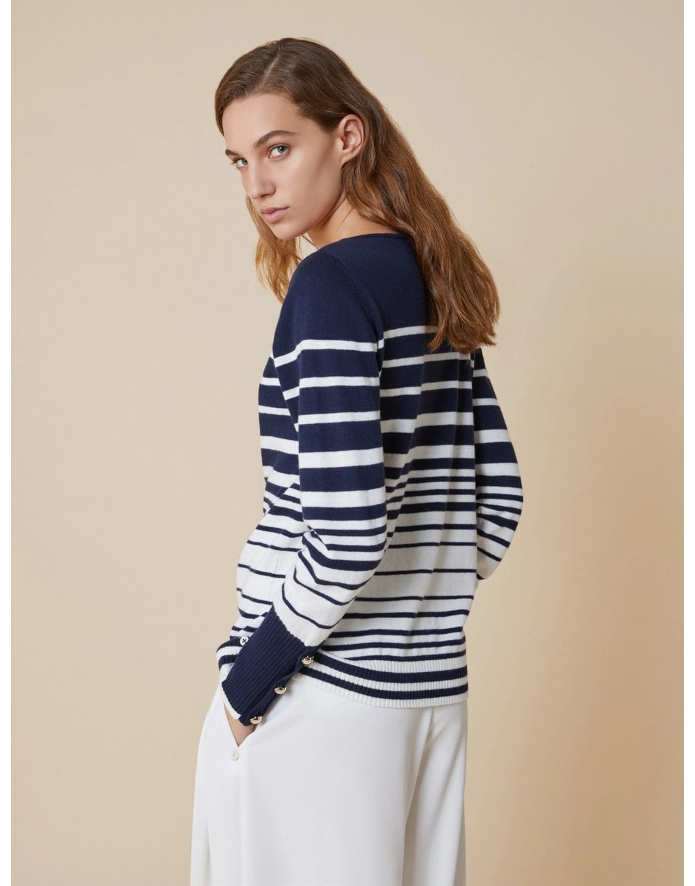 Young Ideas/Henmores - Fanello Striped Cuff Detail Crew Neck Jumper - 003 Navy Pinstripes - S