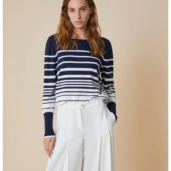 Young Ideas/Henmores - Fanello Striped Cuff Detail Crew Neck Jumper - 003 Navy Pinstripes - S