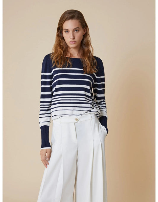 Young Ideas/Henmores - Fanello Striped Cuff Detail Crew Neck Jumper - 003 Navy Pinstripes - S