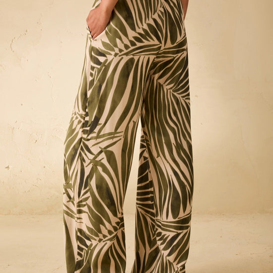 Young Ideas & Henmores - Utilita Abstract Palms Wide Leg Trousers - 008 Beige Green - 8