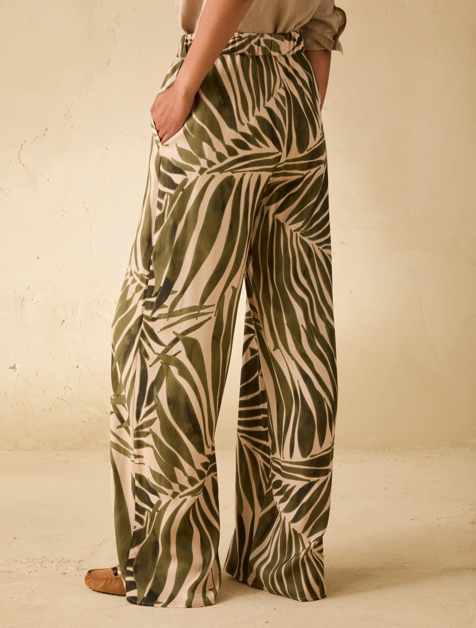 Young Ideas & Henmores - Utilita Abstract Palms Wide Leg Trousers - 008 Beige Green - 8