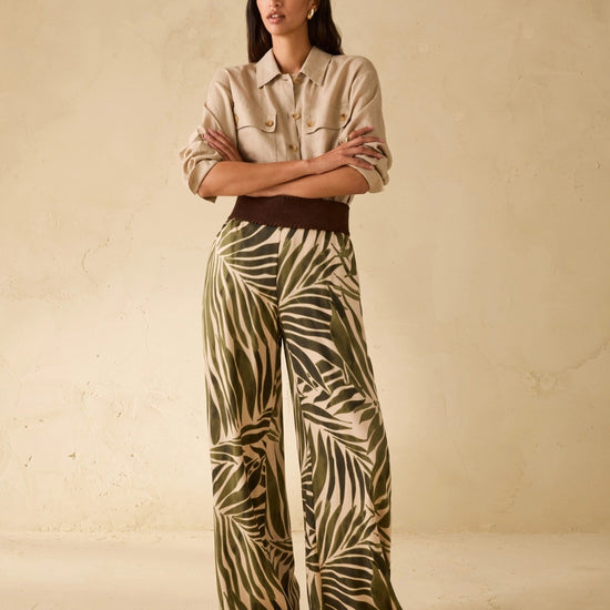 Young Ideas & Henmores - Utilita Abstract Palms Wide Leg Trousers - 008 Beige Green - 8
