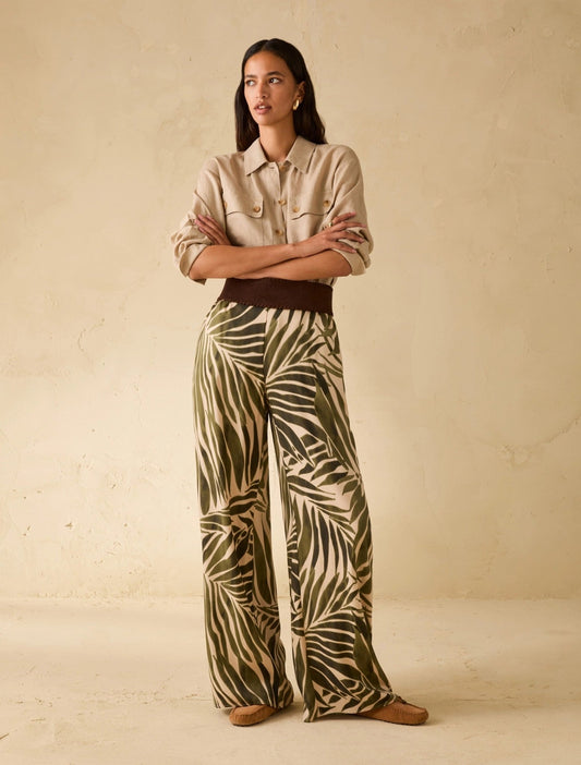 Young Ideas & Henmores - Utilita Abstract Palms Wide Leg Trousers - 008 Beige Green - 8