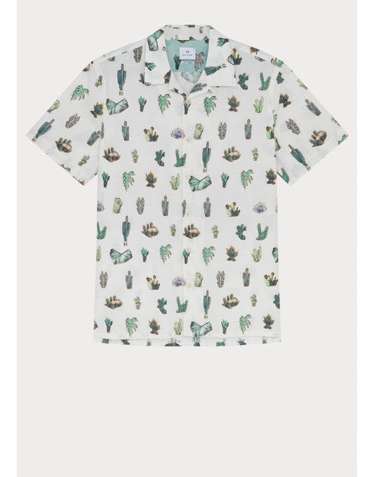 Young Ideas/Henmores - Cactus Print Short Sleeve Shirt - 03 Ice White - M