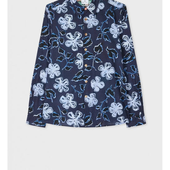 Young Ideas/Henmores - Flower Scribble Print Long Sleeve Fitted Shirt - 49 Very Dark Navy - M