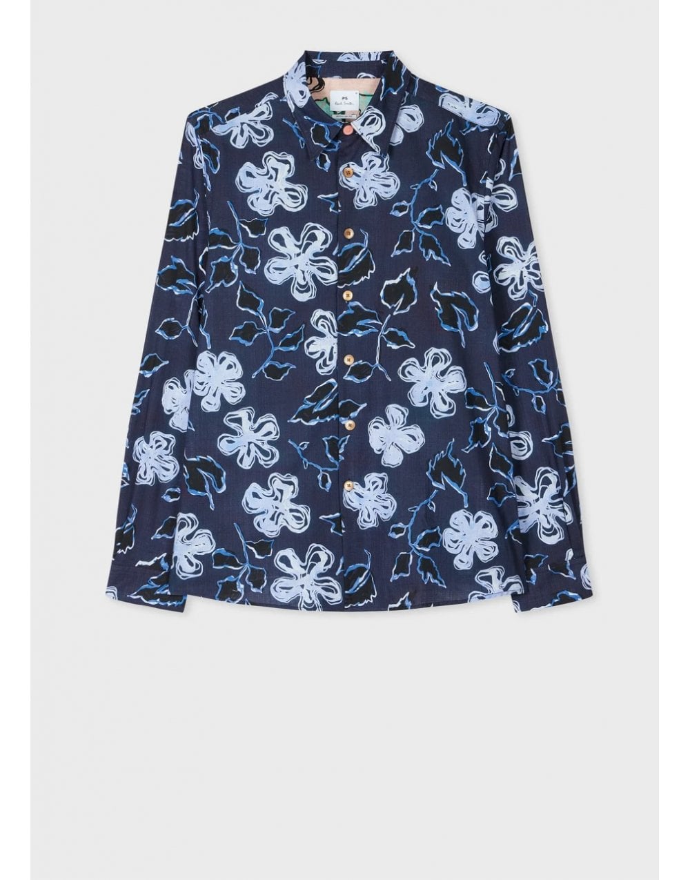 Young Ideas/Henmores - Flower Scribble Print Long Sleeve Fitted Shirt - 49 Very Dark Navy - M