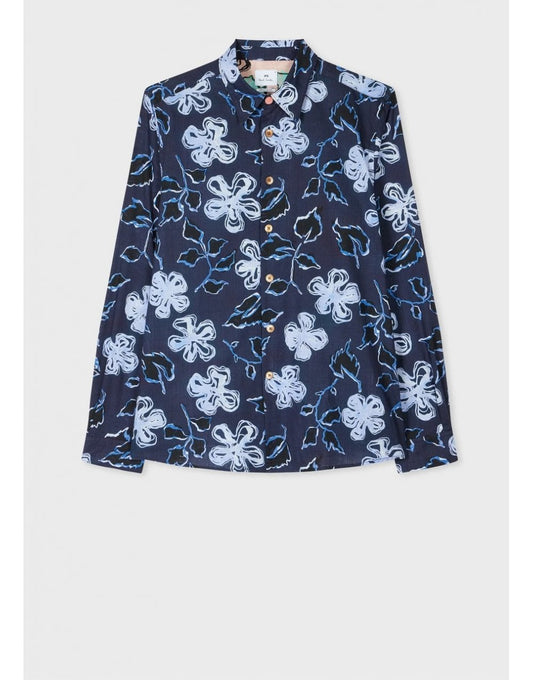 Young Ideas/Henmores - Flower Scribble Print Long Sleeve Fitted Shirt - 49 Very Dark Navy - M