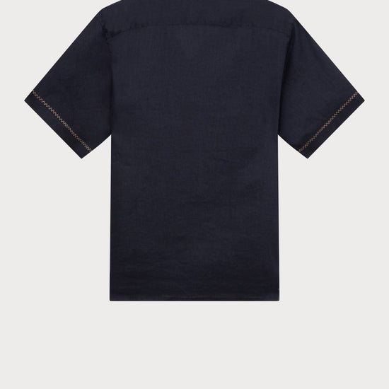 Young Ideas & Henmores - Linen Stitch Detail Short Sleeve Shirt - 49 Navy Blue - M