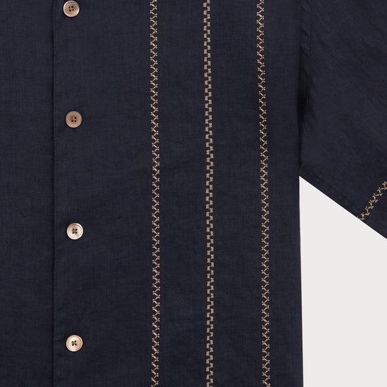 Young Ideas & Henmores - Linen Stitch Detail Short Sleeve Shirt - 49 Navy Blue - M