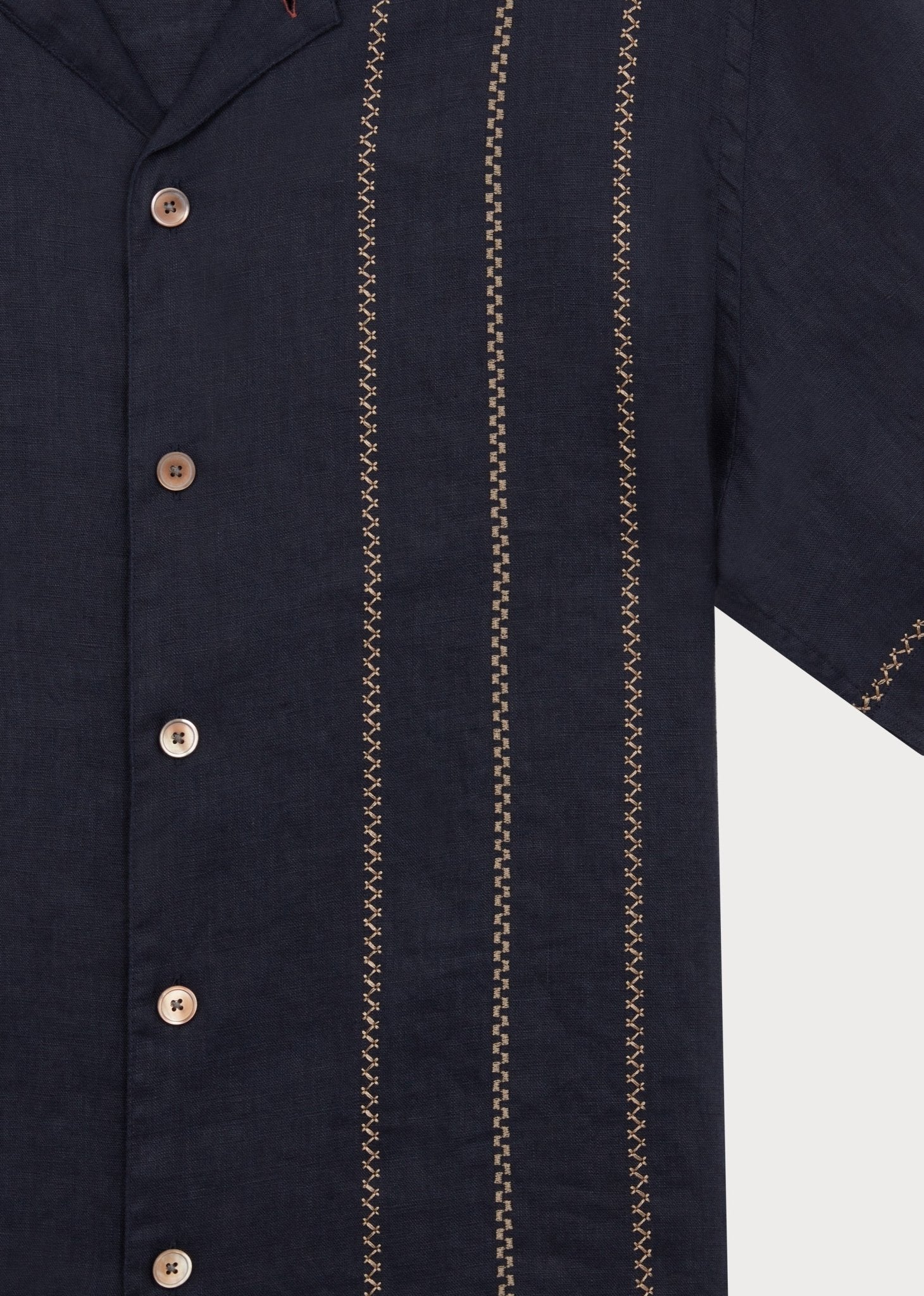 Young Ideas & Henmores - Linen Stitch Detail Short Sleeve Shirt - 49 Navy Blue - M