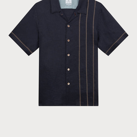 Young Ideas & Henmores - Linen Stitch Detail Short Sleeve Shirt - 49 Navy Blue - M
