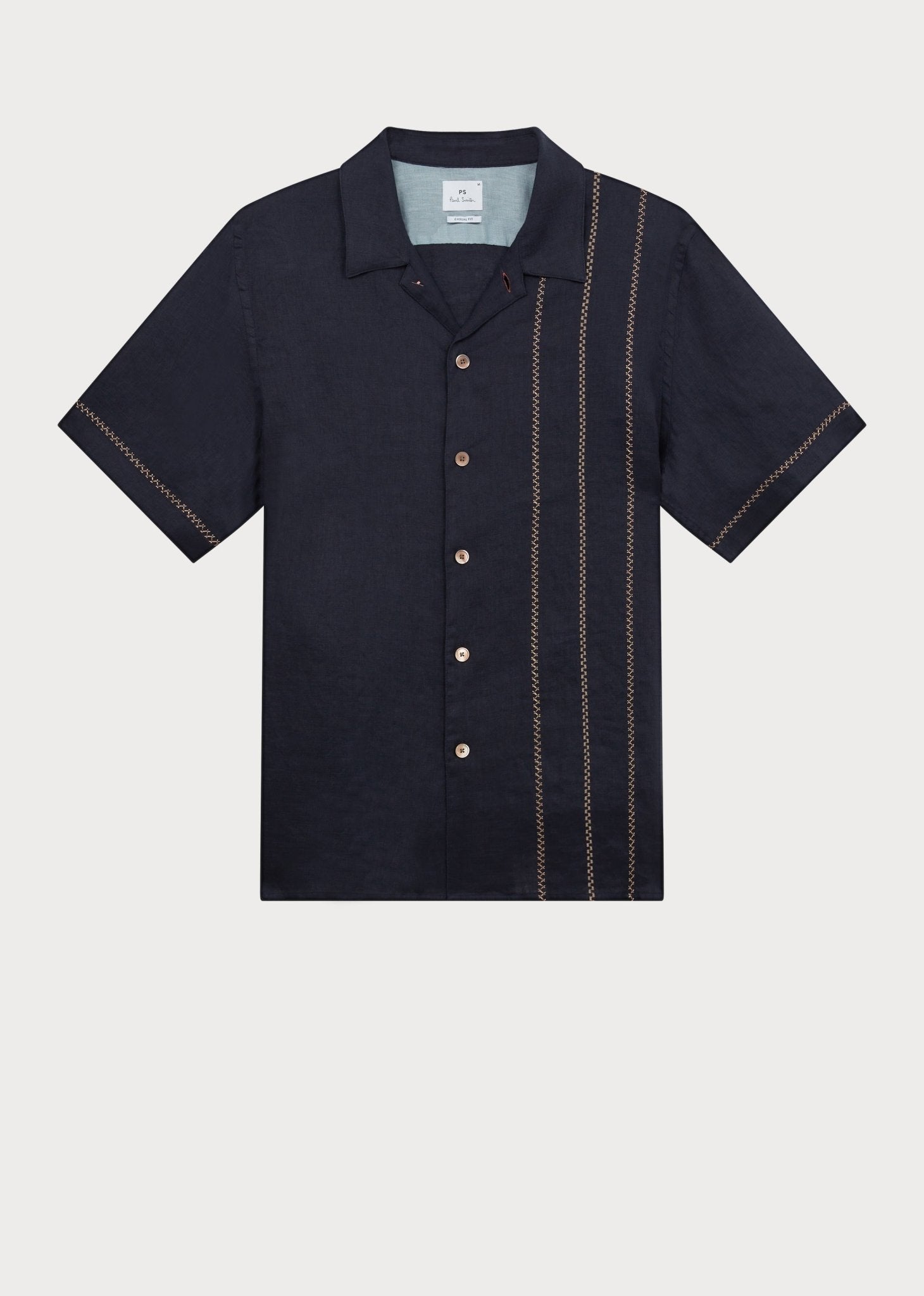Young Ideas & Henmores - Linen Stitch Detail Short Sleeve Shirt - 49 Navy Blue - M