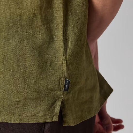 Young Ideas & Henmores - Open Collar Linen Short Sleeve Shirt - 36 Olive Green - M