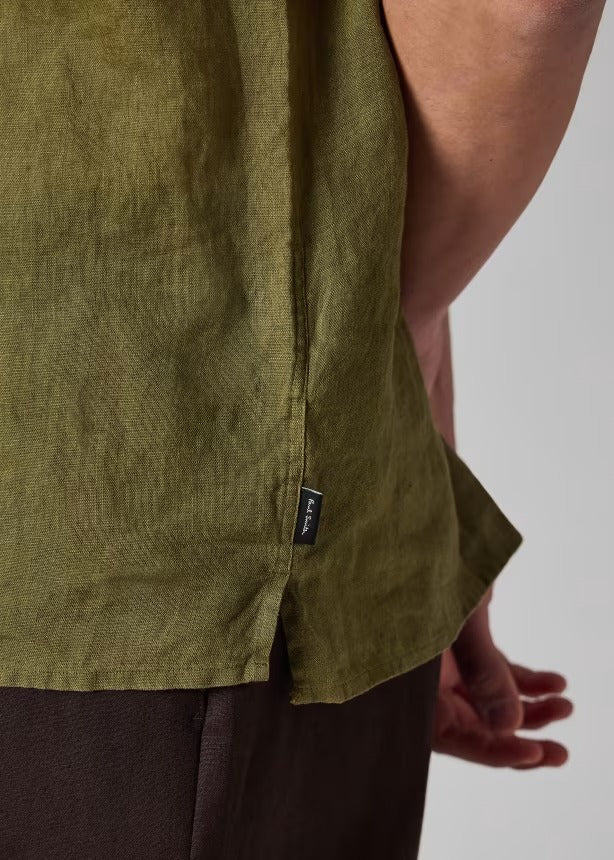 Young Ideas & Henmores - Open Collar Linen Short Sleeve Shirt - 36 Olive Green - M