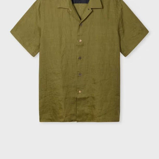 Young Ideas & Henmores - Open Collar Linen Short Sleeve Shirt - 36 Olive Green - M