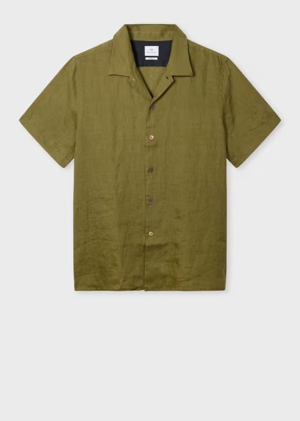 Young Ideas & Henmores - Open Collar Linen Short Sleeve Shirt - 36 Olive Green - M