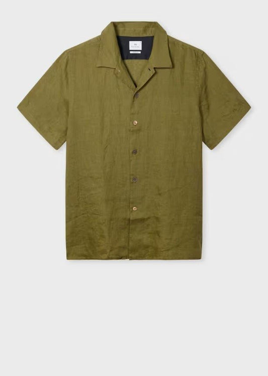 Young Ideas & Henmores - Open Collar Linen Short Sleeve Shirt - 36 Olive Green - M