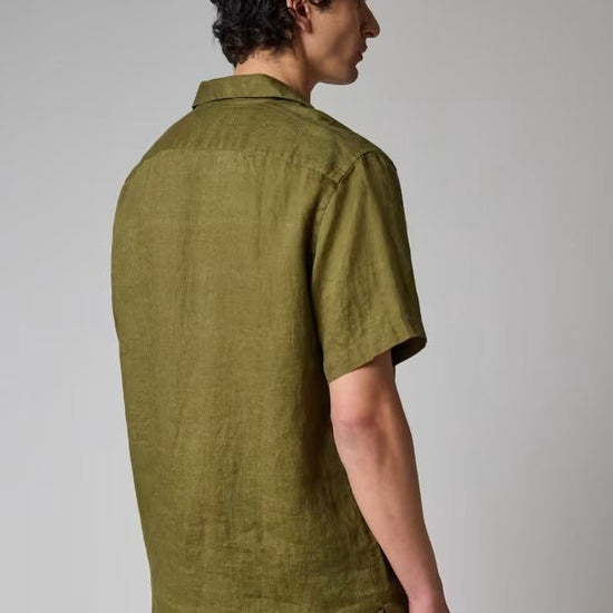 Young Ideas & Henmores - Open Collar Linen Short Sleeve Shirt - 36 Olive Green - M